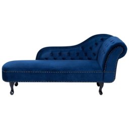 Chaiselongue Rechtsseitig Blau Samtstoff Holzfüße Dunkelbraun Knopfbezg Chesterfield Stil Glamourös Wohnzimmer Schlafzimmer Salon Flur Diele