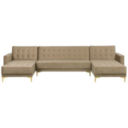 Ecksofa Beige Samtstoff U-Förmig Schlaffunktion Klassisch Wohnzimmer