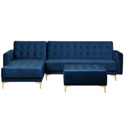 Ecksofa Dunkelblau Samtstoff L-Förmig Rechtsseitig Schlaffunktion Klassisch Ottomane Wohnzimmer