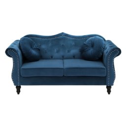 Sofa Dunkelblau Samtstoff 2-Sitzer Chesterfield Stil Retro Zierkissen Wohnzimmer