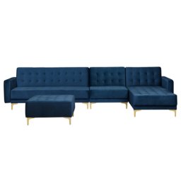 Sofa Dunkelblau Samtstoff L-Förmig Linksseitig Schlaffunktion Klassisch Ottomane Wohnzimmer