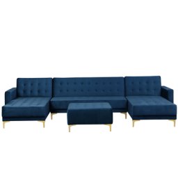 Ecksofa Dunkelblau Samtstoff U-Förmig Schlaffunktion Klassisch Ottomane Wohnzimmer