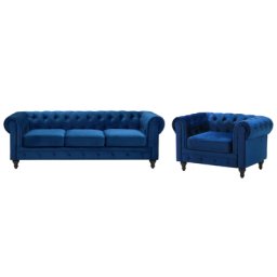 Sofa Set Dunkelblau Samtstoff Sizgruppe Chesterfield Stil Glamourös Wohnzimmer