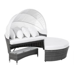 Strandkorb grau/cremeweiß Polyrattan Baumwolle 2-Sitzer Sonnendach inkl. Kissen Ottomane Tisch