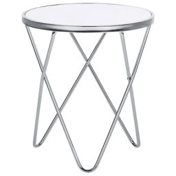 Beistelltisch Weiß Silber Sicherheitsglas Metall 50 x 55 cm V förmigen Füße Couchtisch Glänzend Rund Modern