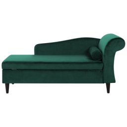Chaiselongue Rechtsseitig Dunkelgrün Samtstoff Holzfüße Glamourös Retro Mit Zierkissen