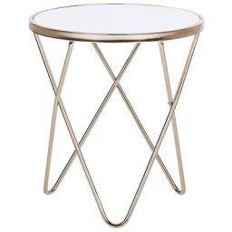 Beistelltisch Weiß Gold Sicherheitsglas Metall 50 x 55 cm V förmigen Füße Couchtisch Glänzend Rund Modern
