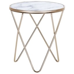 Beistelltisch Weiß Gold Sicherheitsglas Metall 50 x 55 cm V förmigen Füße Couchtisch Glänzend Marmor Optik Rund Modern