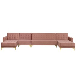 Sofa Rosa Samtstoff U-Förmig Wohnlandschaft Schlaffunktion Klassisch Wohnzimmer