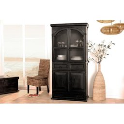 Vitrine MEXICO Kolonialstil, schwarz-braun lackiert, Pinie Massivholz, Vitriene