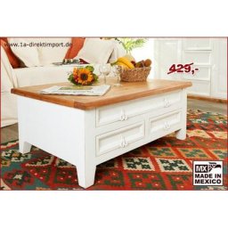 Couchtisch MEXICO Weiß / Natur, Wohnzimmertisch, Massivholz weiß lackiert, Landhausstil