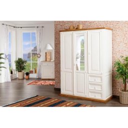 Schlafzimmerschrank, Kleiderschrank mit Spiegel, MEXICO, weiß, Shabby Chic, Landhausstil, Massivholz