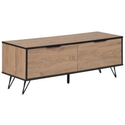 TV Möbel Heller Holzfarbton Schwarz Spanplatte Pulverbeschichtetes Metall 46 x 120 x 40 cm Modern Eichenholz Furnier Viel Stauraum Wohnzimmer