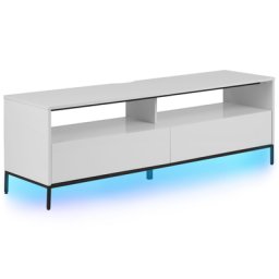 TV Möbel Weiß Hochglanz Spanplatte Pulverbeschichtetes Metall 52 x 150 x 42 cm Elegant LED Beleuchtung Funktional Viel Stauraum Wohnzimmer