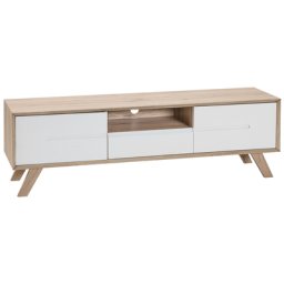 TV Möbel Weiß Heller Holzfarbton MDF Platte Kiefernholz 45 x 150 x 40 cm Modern Trendy Elegant Multifunktional 2 Fächer Wohnzimmer