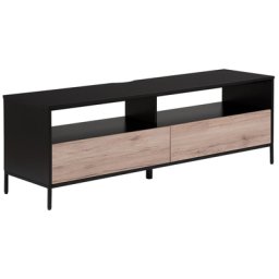 TV Möbel Schwarz Heller Holzfarbton Spanplatte Pulverbeschichtetes Metall 52 x 150 x 42 cm Elegante Farbkombination Viel Stauraum Wohnzimmer