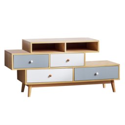 Kommode Heller Holzfarbton Grau Weiß Spanplatte MDF Platte Gummibaumholz Kiefernholz 89x54x35 cm Unregelmäßige Form 4 Schubladen Wohnzimmer