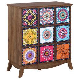 Kommode Bunt Dunkles Holzfarbton MDF Platte Faserplatte 92 x 79 x 40 cm Boho Zeitgenössisch Marokkanischer Viel Schubladen Wohnzimmer