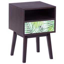 Nachttisch Dunkler Holzfarbton Palmenmotiv MDF Platte Faserplatte Gummibaumholz 61 x 40 x 40 cm Modern Dschungel Motiv Schublade Schlafzimmer