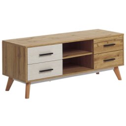 TV- Möbel Weiß/Heller Holzfarbton MDF-Platte Beine aus Holz 4 Schubladen 2 Fächer Wohnzimmer