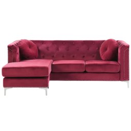Ecksofa Burgunderrot aus Samtstoff L-Förmig Rechtsseitig mit Zierkissen Wohnzimmer Modernes Design
