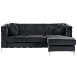 Ecksofa Schwarz aus Samtstoff L-Förmig Linksseitig mit Zierkissen Wohnzimmer Modernes Design