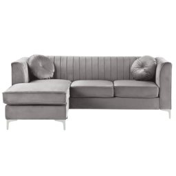 Ecksofa Grau aus Samtstoff L-Förmig Rechtsseitig mit Zierkissen Wohnzimmer Modernes Design