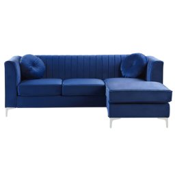 Ecksofa Blau aus Samtstoff L-Förmig Linksseitig mit Zierkissen Wohnzimmer Modernes Design
