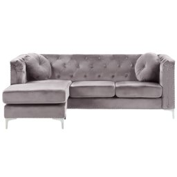 Ecksofa Grau aus Samtstoff L-Förmig Rechtsseitig mit Zierkissen Wohnzimmer Modernes Design