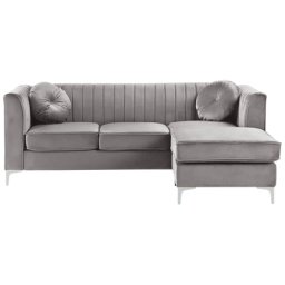 Ecksofa Grau aus Samtstoff L-Förmig Linksseitig mit Zierkissen Wohnzimmer Modernes Design