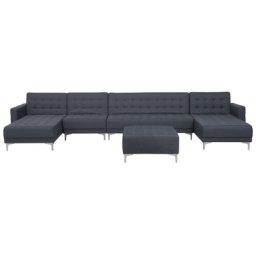 Modulsofa Grau Polsterbezug mit Ottomane und Schlaffunktion Familiencouch gestepptes Muster Wohnzimmer Modernes Design