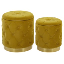 Pouf 2er Set Senfgelb aus Samtstoff gesteppt mit Stauraum und goldener Unterteil runde Form Wohnzimmer Schlafzimmer Flur Modern