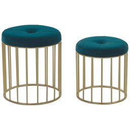 Pouf 2er Set Smaragdgrün aus Samtstoff mit goldener Unterteil runde Form Wohnzimmer Schlafzimmer Flur Modern