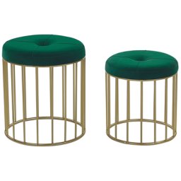 Pouf 2er Set Dunkelgrün aus Samtstoff mit goldener Unterteil runde Form Wohnzimmer Schlafzimmer Flur Modern
