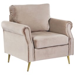 Sessel Taupe Samtstoff mit Goldenen Beinen/ Armlehnen in Retro-Stil Wohnzimmer Salon Flur Skandinavisch Modern