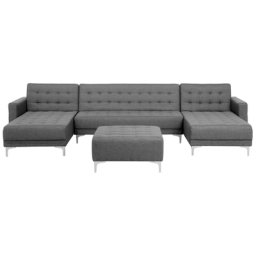 Sofa Grau/ Silber Polsterbezug mit Ottomane und Schlaffunktion U-förmig Wohnzimmer Salon Modernes Design