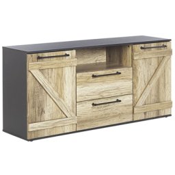 Sideboard Heller Holzfarbton/ Schwarz aus Holzspanplatte mit Metallgriffen 2 große Schubladen und 2 Schränke Wohnzimmer Modernes Design