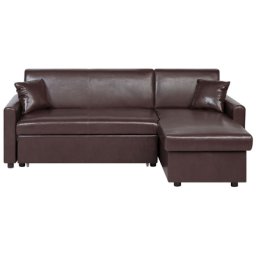 Ecksofa Dunkelbraun Polsterbezug in Lederoptik L-Förmig Linksseitig Mit Schlaffunktion Traditionell Wohnzimmer