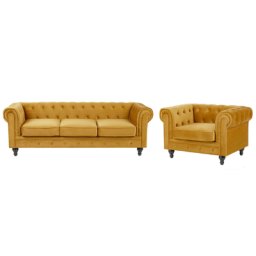 Sofa Sessel Set Senfgelb Samtstoff Sizgruppe Chesterfield Stil Glamourös Wohnzimmer Salon