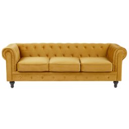 Sofa Senfgelb Samtstoff 3-Sitzer Chesterfield Stil Glamourös Wohnzimmer