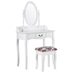 Schminktisch Weiß 142x 40 x 80 cm Hocker Kippbarer Ovaler Spiegel 1 Schublade Schlafzimmer Wohnzimmer Aufbewahrung Kosmetika