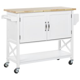 Servierwagen Weiß Gummibaumholz MDF mit geräumigem Schrank und Seitengriffen auf Rollen Landhausstil Elegant Multifunktional Wonzimmer