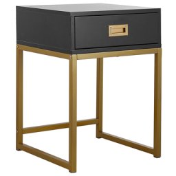 Beistelltisch Schwarz mit Schublade mit Metallgestell in Gold Elegante Optik rechteckig Modern Glamourös Wohnzimmer Schlafzimmer
