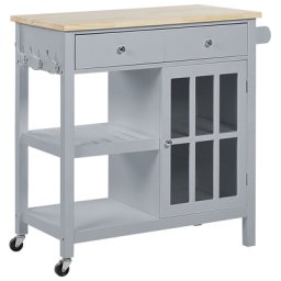 Servierwagen Grau Gummibaumholz MDF mit Glasscheibe aus Temperglas mit Seitengriffen Landhausstil Modern Elegant Multifunktional Wonzimmer