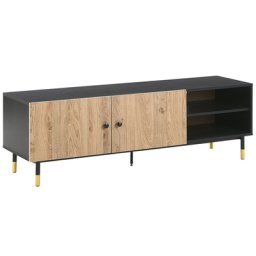 TV Möbel Heller Holzfarbton / Schwarz Spanplatte Metall 48x150x40 cm Industriell 2 Türe 2 Fächern Elegant Trendy Multifunktional Wohnzimmer