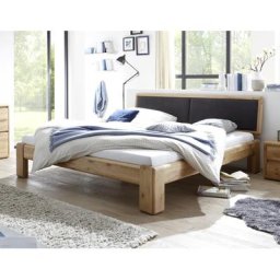 Doppelbett 200x200 cm Wildeiche massiv mit Polsterkopfteil schwarz Verona