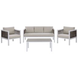 Lounge Set Weiß und Braun Aluminium Flechtseil mit Kissen Beige Couchtisch Sicherheitsglas 5-Sitzer Terrasse Outdoor Modern