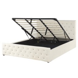 Polsterbett Beige Samtstoff 180 x 200 cm mit Bettkasten hochklappbar u. hohem Kopfteil Doppelbett Elegantes Modernes Gesterfield Design