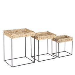 Beistelltisch 3er Set Beige Wasserhyazinthe stapelbar mit schwarzem Metallgestell Industrie Boho Stil Flur Diele Wohnzimmer Möbel