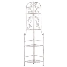 Gartenregal Weiß in Eckform aus Metall mit 4 Ablageflächen dekorative Verzierungen Gartenmöbel Gartenschrank Pflanzenregal Terrasse Balkon